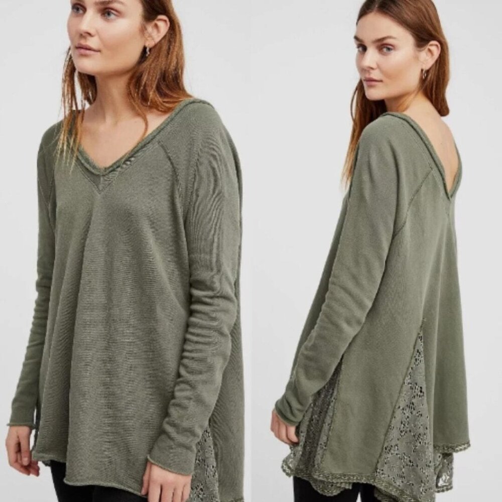 Free People Womens No Frills Lace Inset Pullover Top Green Cotton Oversized